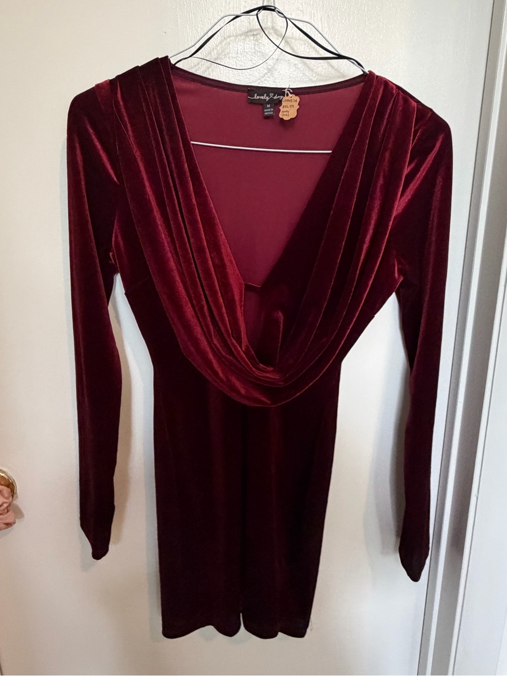 Lovely Day Burgundy Velvet Drape-Neck Long Sleeve Dress